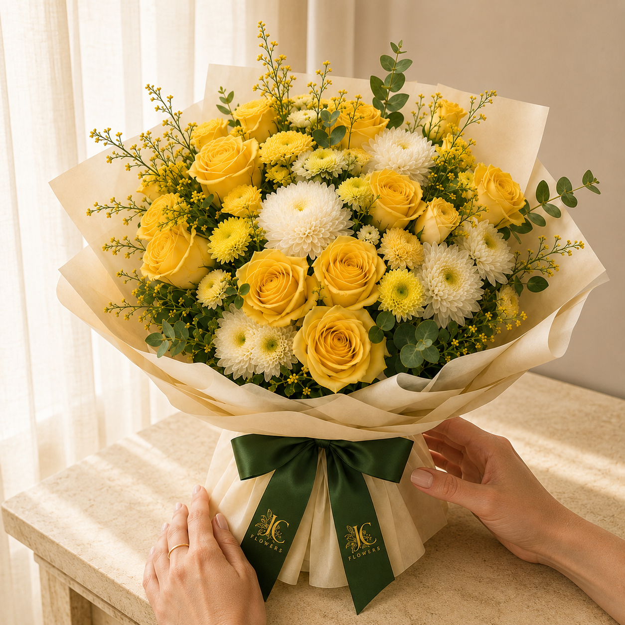 Golden Hour Garden in warm gold and ivory tones, a Diwali flower gift from JC Flowers Dubai