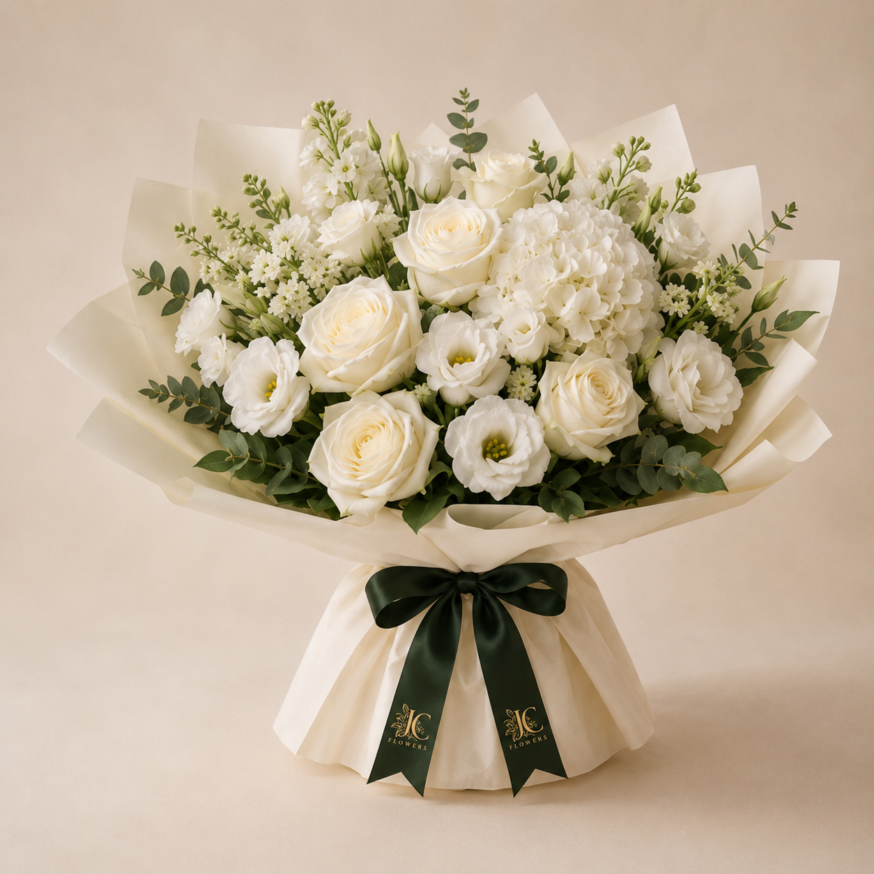 Ivory Poise bridal-style bouquet in soft ivory tones, JC Flowers Dubai