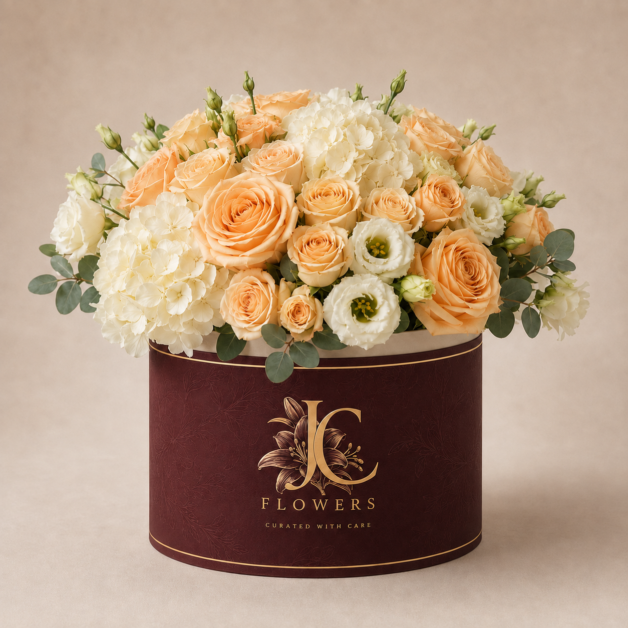 JC Signature Box in peach and cream, a gentle new baby flower gift in Dubai