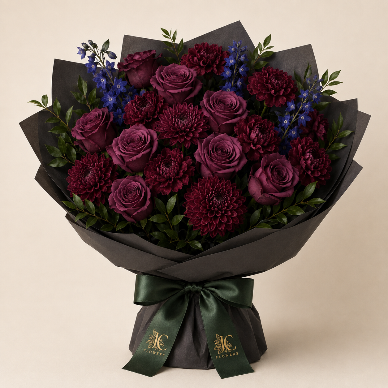 Petal Nocturne bouquet in plum and blue, an alternative Valentine's Day flower arrangement in Dubai