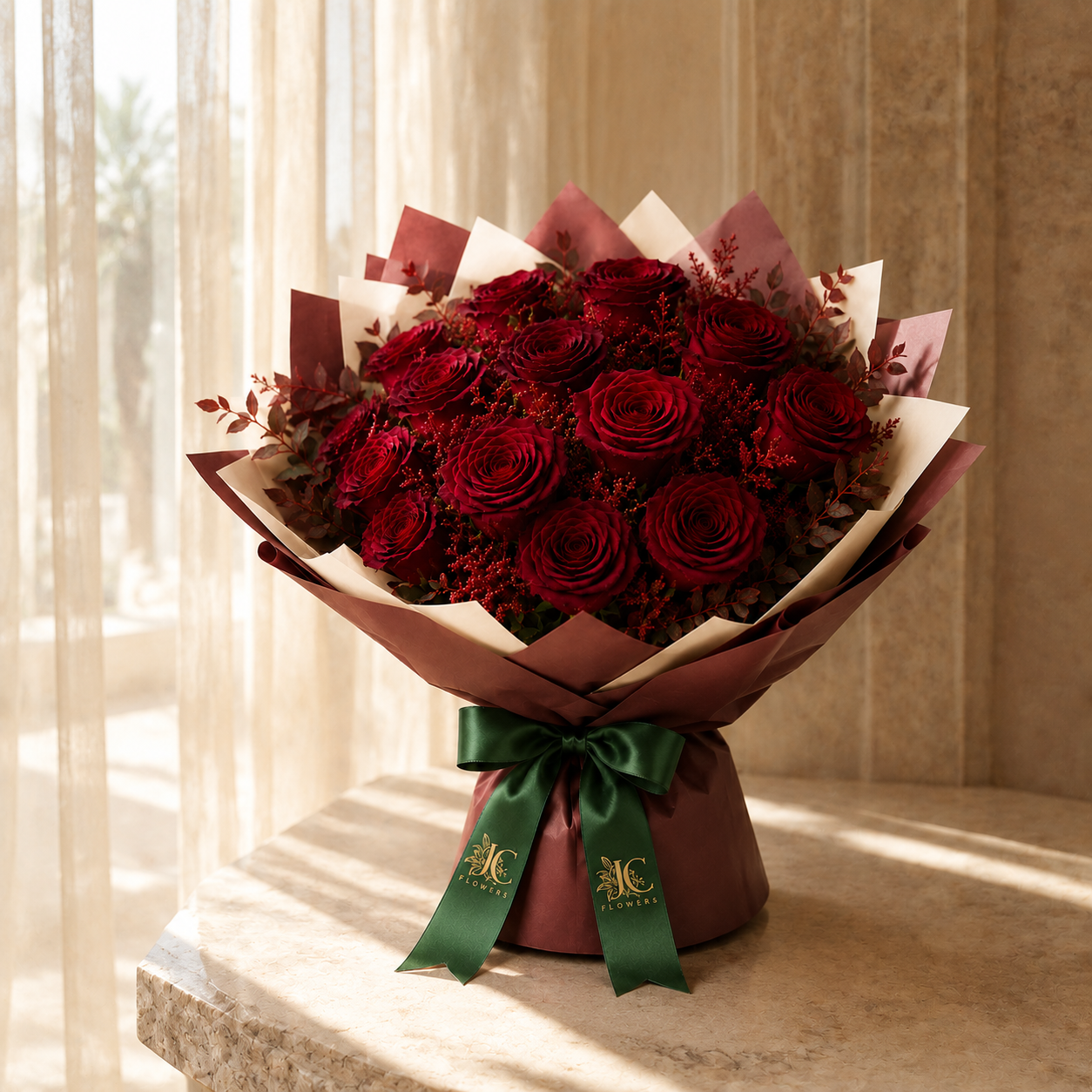 Rouge Romance red rose arrangement, part of a UAE National Day flower display in Dubai