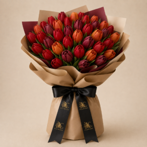 The Tulip Edit in Autumn Ember tones, a marigold-inspired Diwali flower arrangement in Dubai