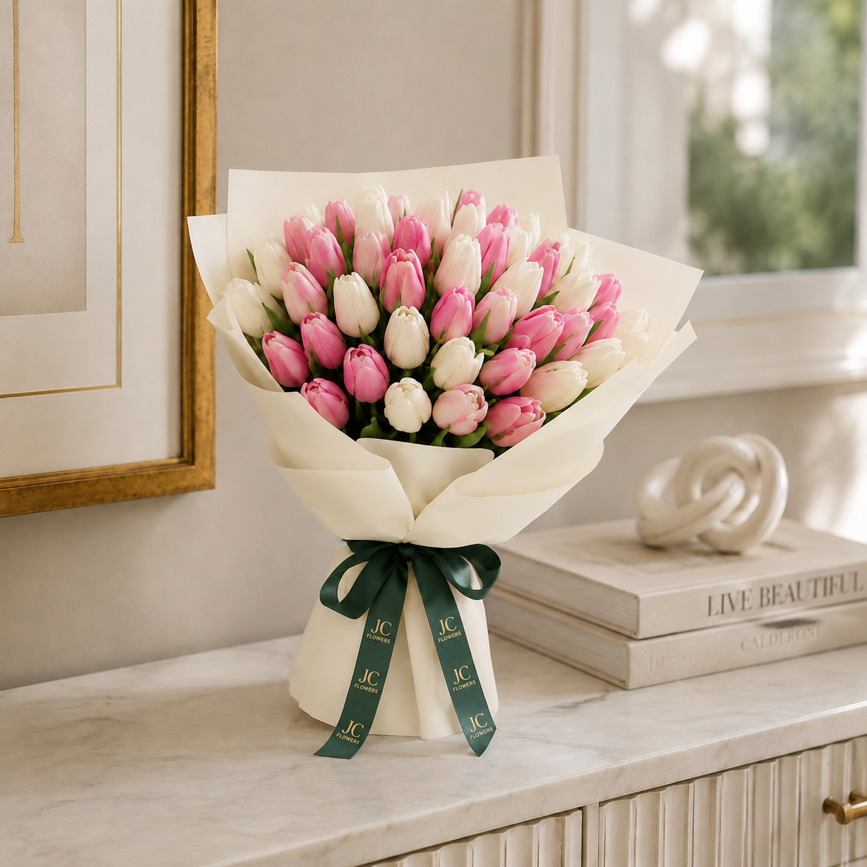 Pink and white tulip bouquet symbolising deep love